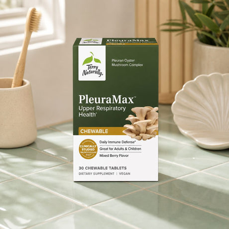 Terry Naturally PleuraMax Chewable bottle displayed with mixed berries