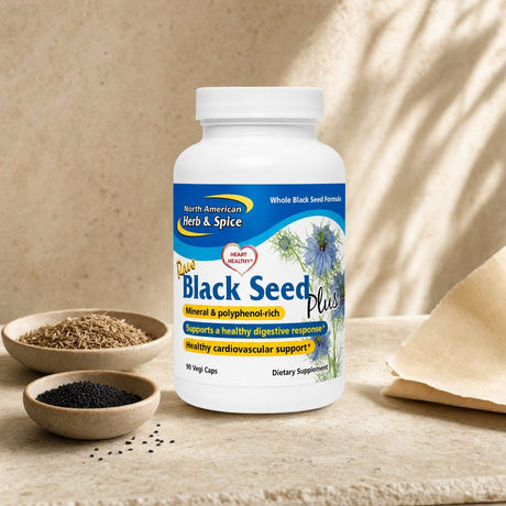 North American Herb & Spice Raw Black Seed Plus bottle side label with suggested use directions