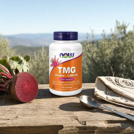 NOW Foods TMG Betaine 1000 mg bottle with tablets and daily supplement setup