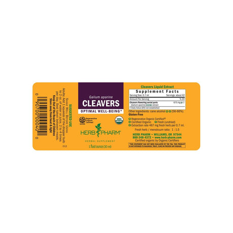 Herb Pharm Cleavers supplement facts panel listing ingredients, dosage, and serving size