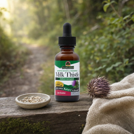 Nature's Answer Milk Thistle 1 oz bottle displayed with herbal wellness styling