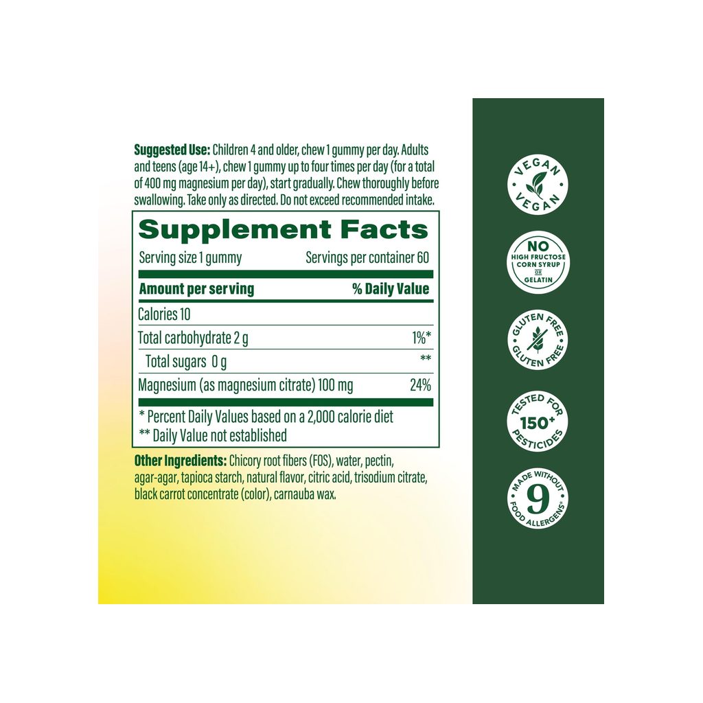 MegaFood Magnesium Citrate Gummies supplement facts panel listing ingredients and serving size