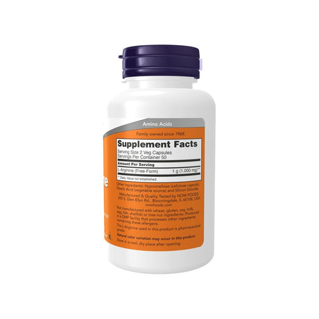 NOW Foods L-Arginine 500 mg supplement facts panel listing ingredients, dosage, and serving size