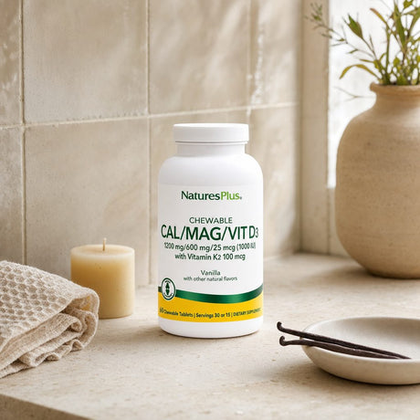 NaturesPlus Cal/Mag/D3/K2 Vanilla bottle with tablets displayed