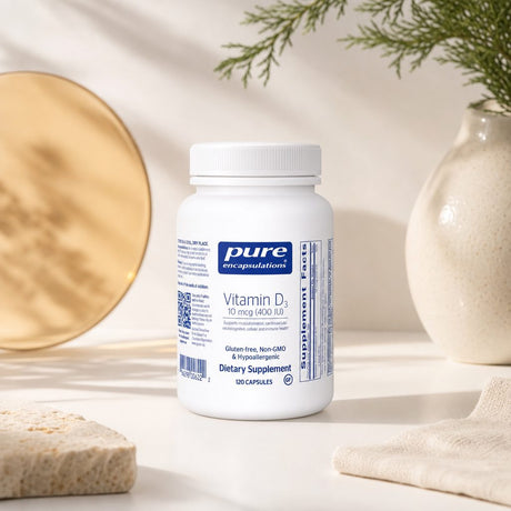 Pure Encapsulations Vitamin D3 400 IU bottle back label with directions and warnings