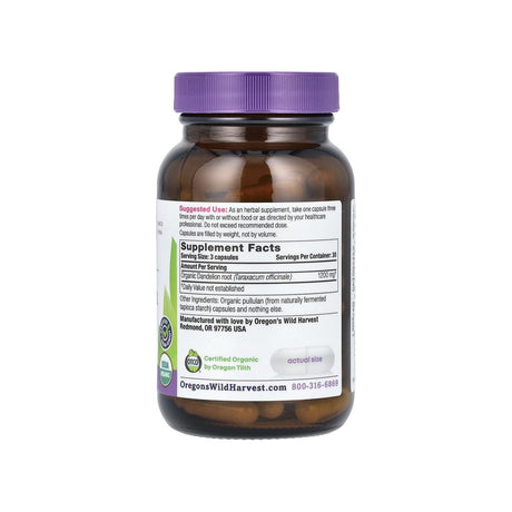 Oregon's Wild Harvest Dandelion Root supplement facts panel listing ingredients, dosage, and serving size