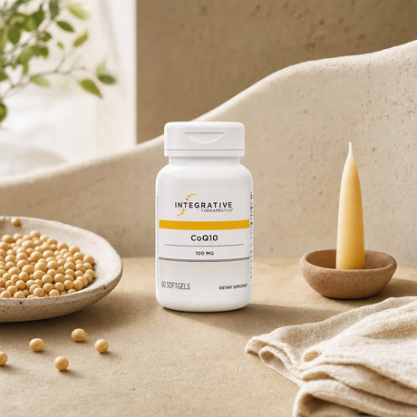 Integrative Therapeutics CoQ10 100 mg Softgels bottle angled on a clean white background