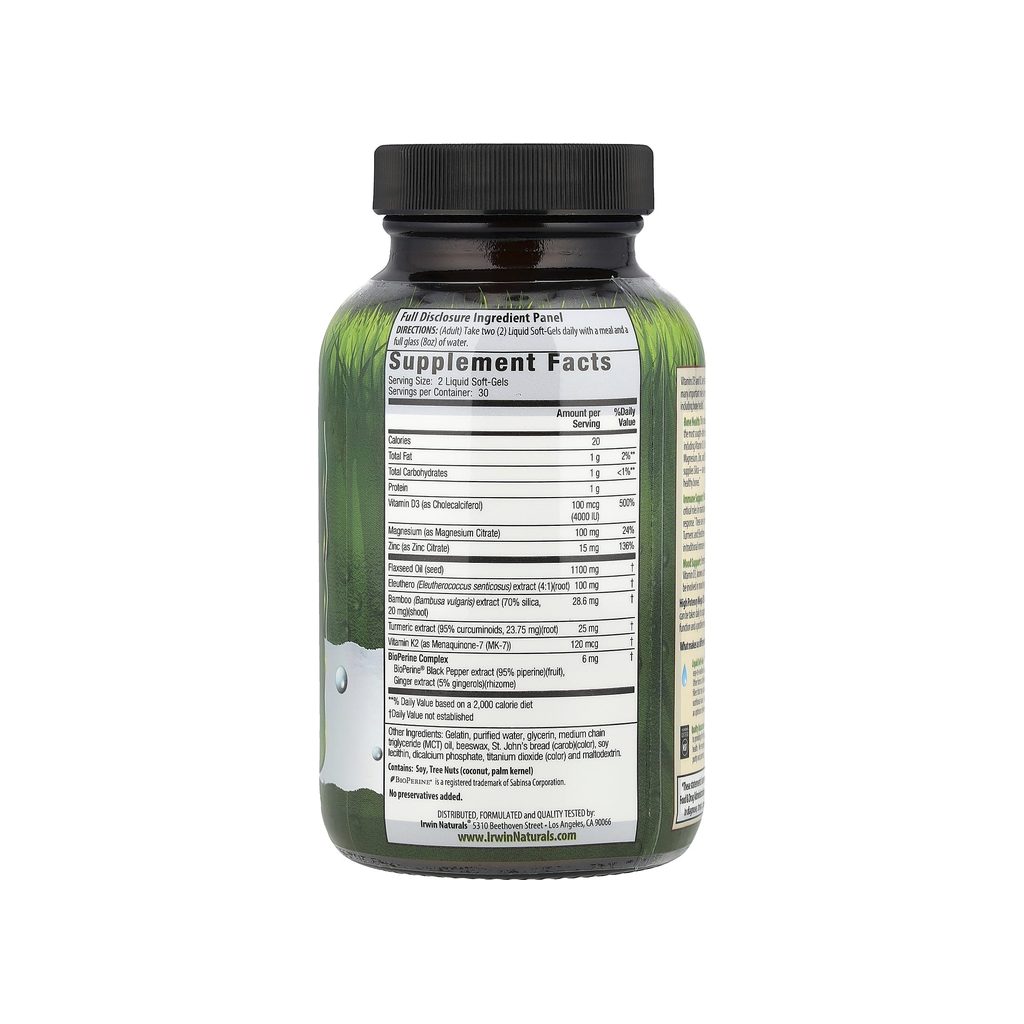 Irwin Naturals Mega D3 & K2 + Turmeric supplement facts panel with ingredients, amounts, and serving size