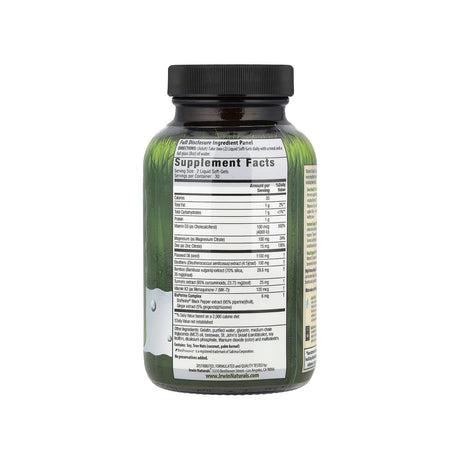 Irwin Naturals Mega D3 & K2 + Turmeric supplement facts panel with ingredients, amounts, and serving size