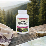 Natural Factors Black Elderberry Extract 100 mg bottle with elderberries in a wellness scene