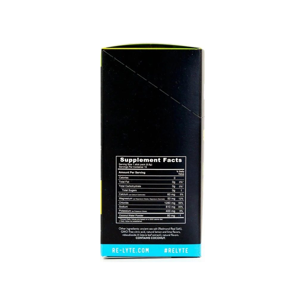 Redmond Re-Lyte Lemon Lime supplement facts panel listing ingredients, dosage, and serving size