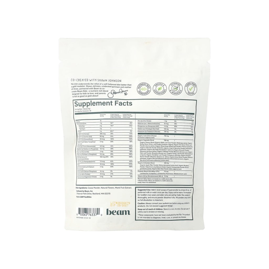 Beam Kids All-In-One Superpowder Chocolate Supplement Facts panel with ingredients, dosage, and serving size
