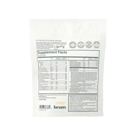 Beam Kids All-In-One Superpowder Chocolate Supplement Facts panel with ingredients, dosage, and serving size