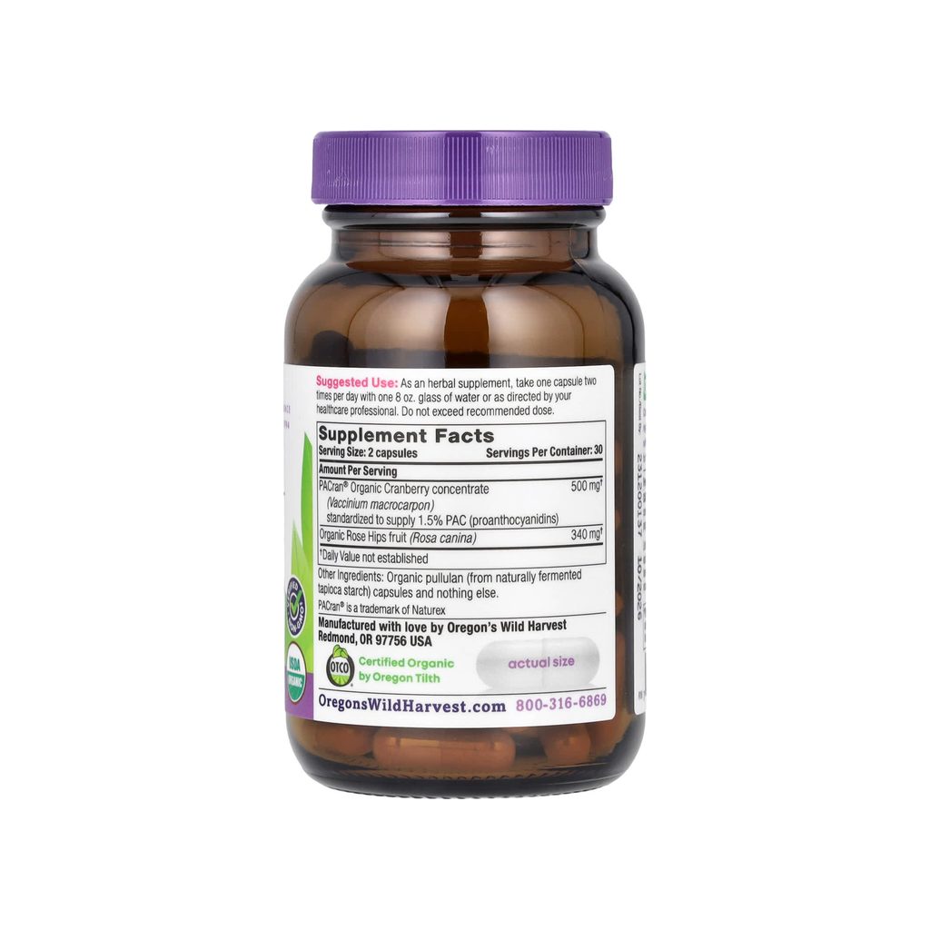 Oregon's Wild Harvest Cranberry supplement facts panel listing ingredients, dosage, and serving size