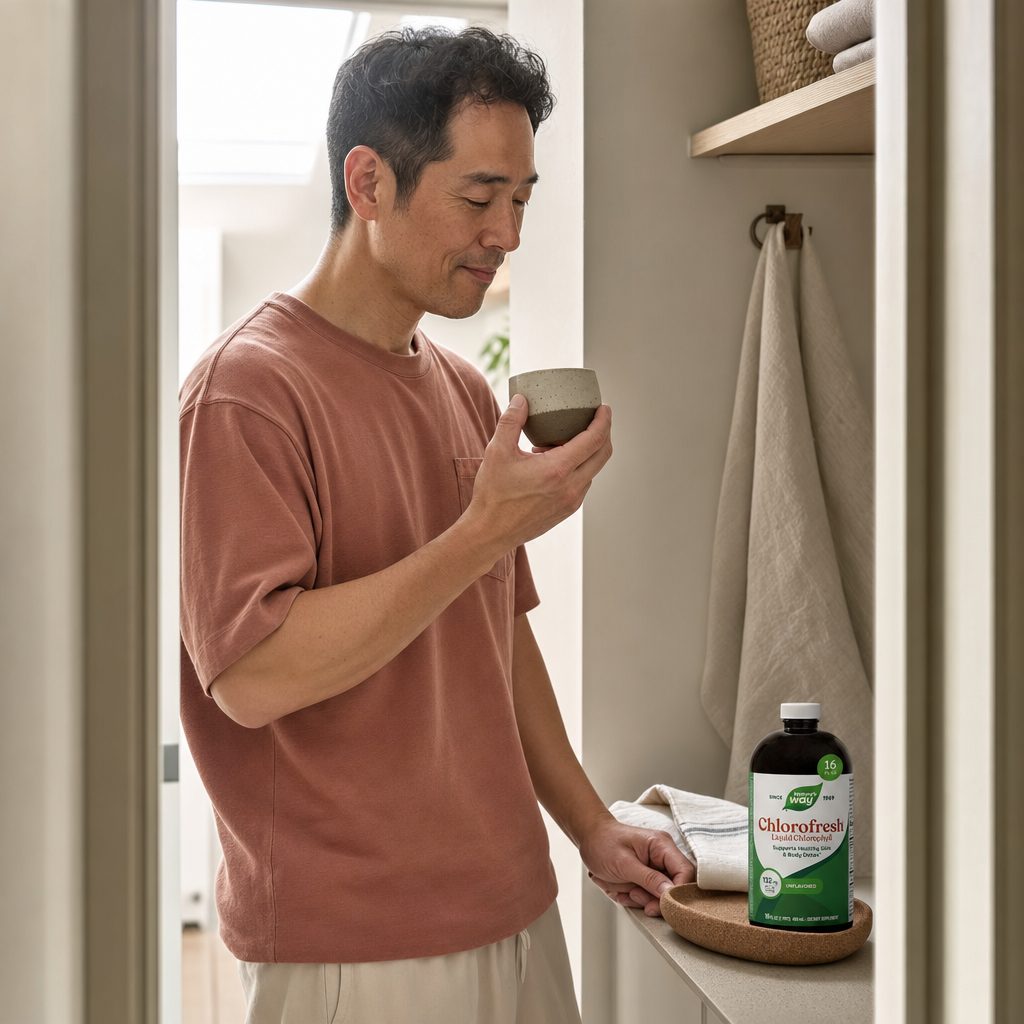 Nature's Way Chlorofresh Liquid Unflavored bottle with green beverage lifestyle scene