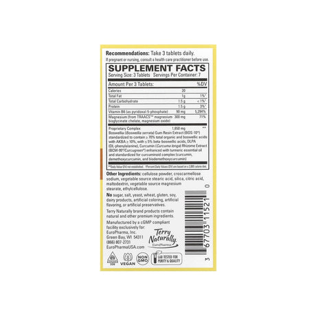 Terry Naturally Curamin Headache Relief supplement facts panel listing ingredients and serving size