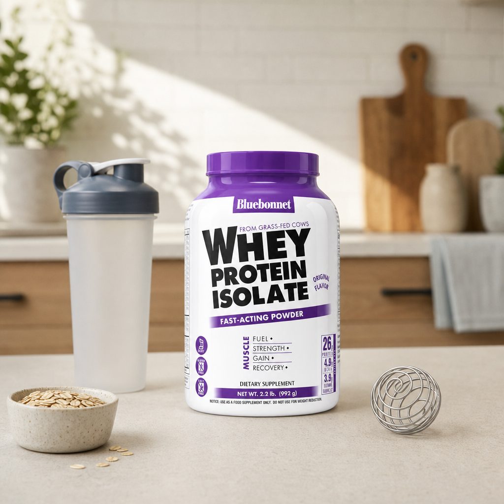 Bluebonnet Nutrition Whey Protein Isolate Original tub side label with product details