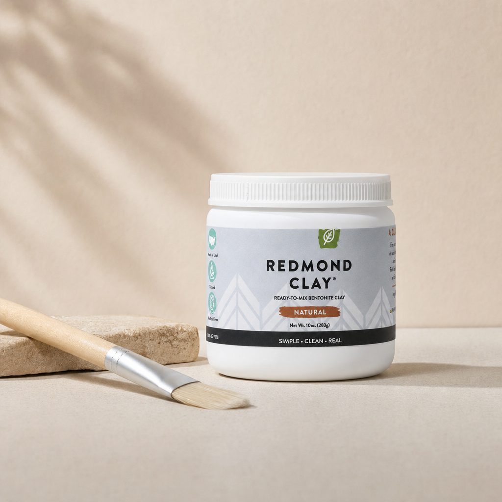 Redmond Ready-to-Mix Bentonite Clay jar in a bathroom skin care setting