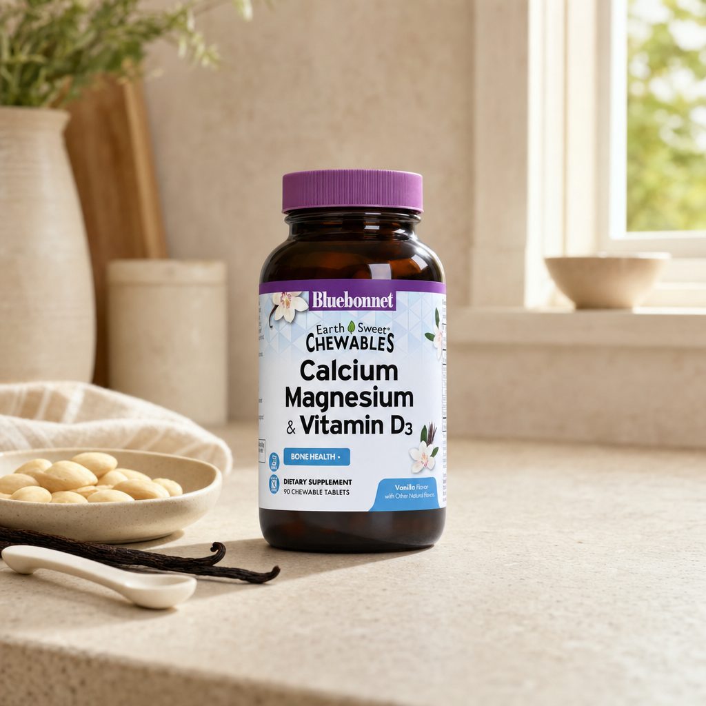 Bluebonnet EarthSweet Calcium Magnesium D3 Vanilla bottle side with supplement facts panel