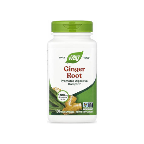Nature's Way Ginger Root 180 capsules front bottle with Non-GMO Project Verified and vegan capsule labels
