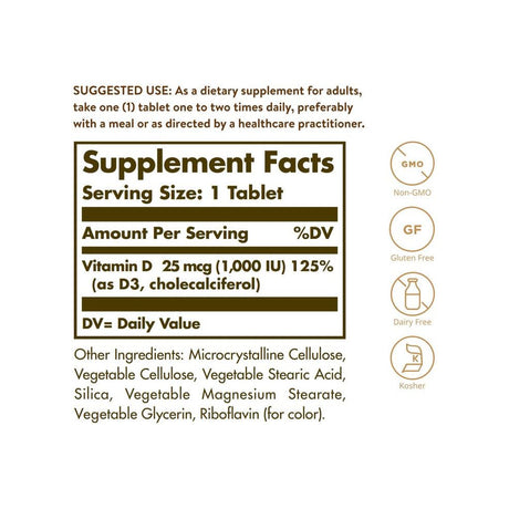 Solgar Vitamin D3 1000 IU 90 Tablets supplement facts panel listing dosage and ingredients