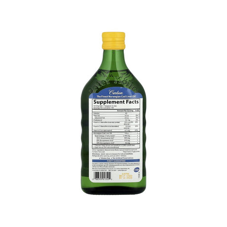 Carlson Norwegian Cod Liver Oil Lemon supplement facts panel listing ingredients and serving size