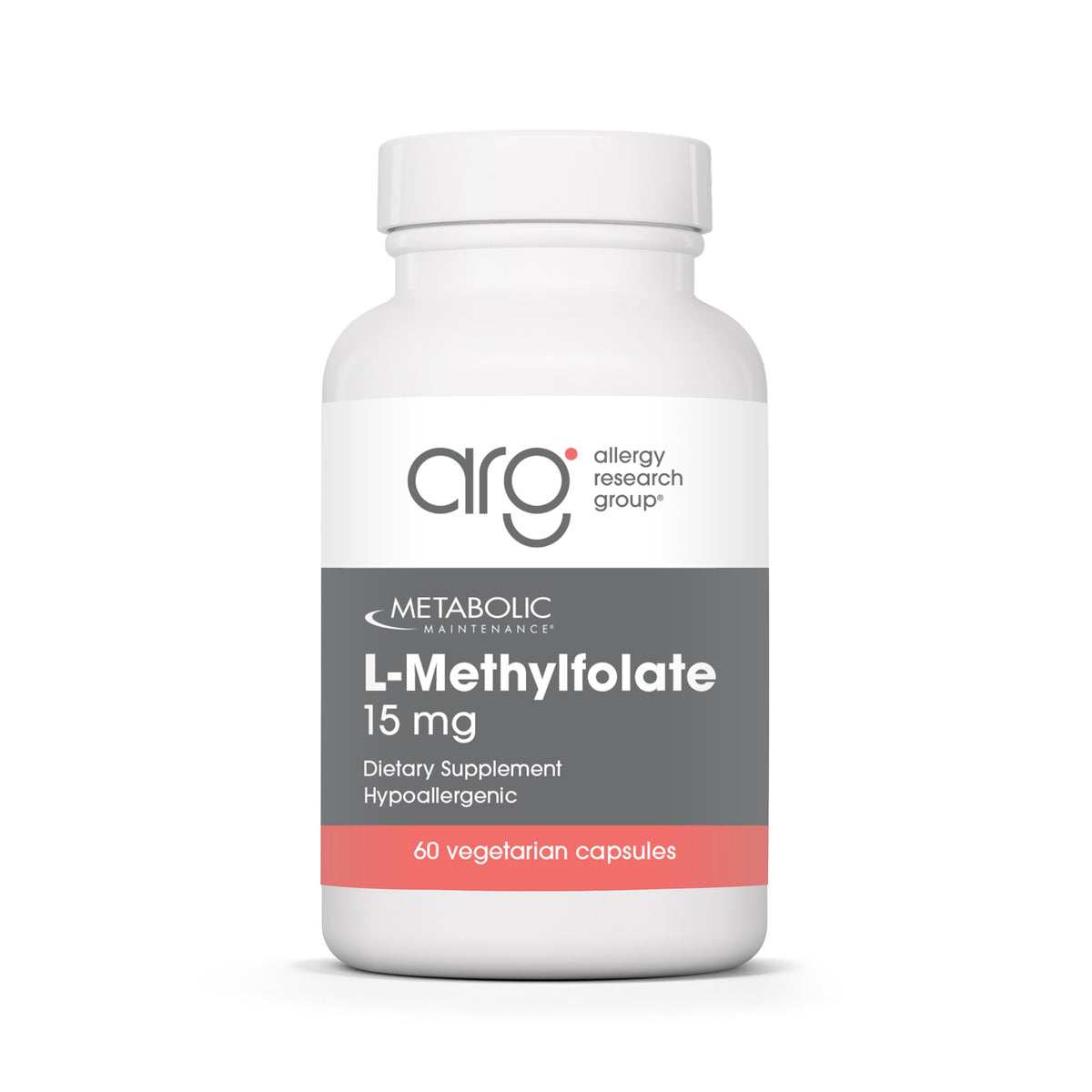 Metabolic Maintenance L-Methylfolate 15 mg 60 vegetarian capsules, white bottle with gray and coral Allergy Research Group label