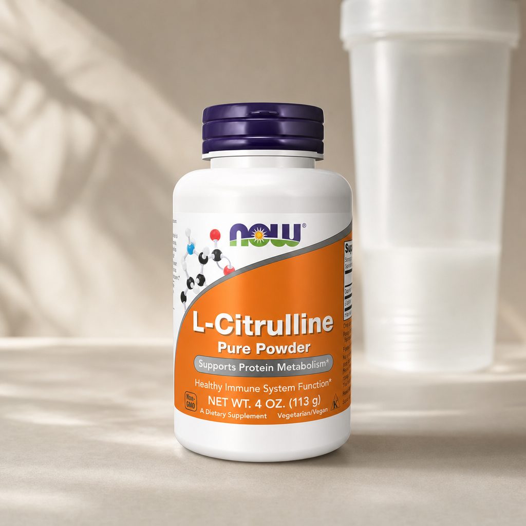 NOW Foods L-Citrulline Pure Powder 4 oz side label with suggested use and cautions