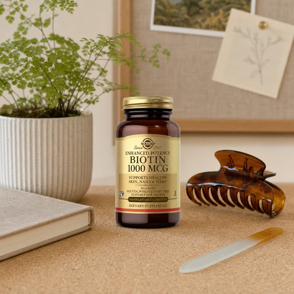 Solgar Biotin 1000 mcg 250 capsules on a bathroom vanity with a hair brush