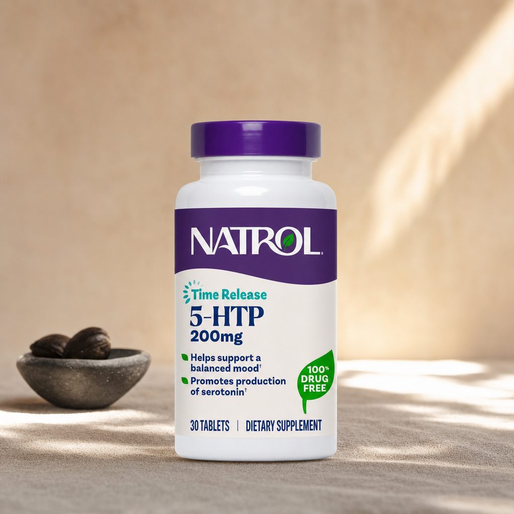 Natrol 5-HTP Mood & Stress bottle angled to show the 200 mg front label