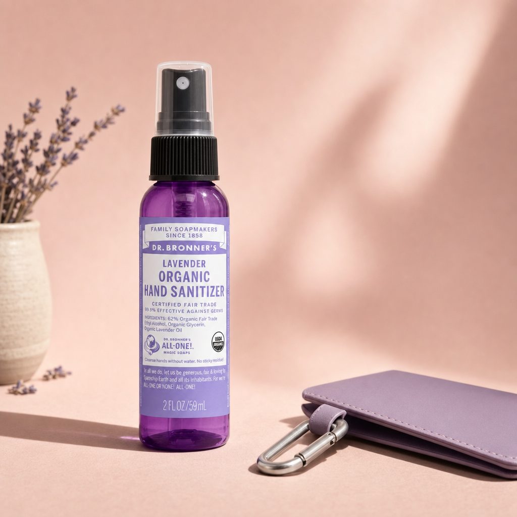Dr. Bronner's Lavender Hand Sanitizer Spray bottle with lavender-themed product scene
