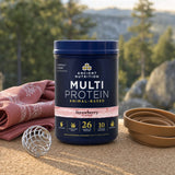 Ancient Nutrition Multi Protein Powder Strawberry mixed into a smoothie in a kitchen