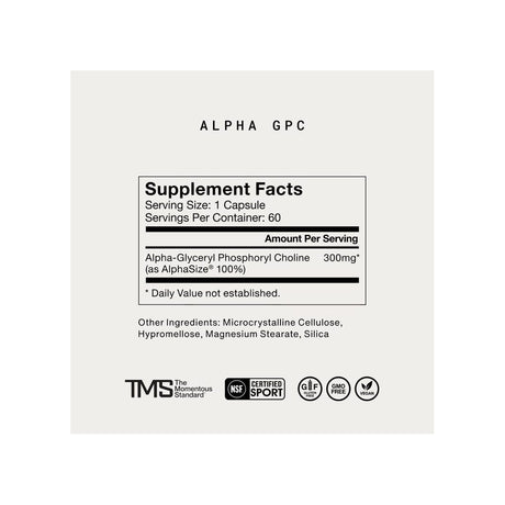 Momentous Alpha GPC Capsules supplement facts panel listing ingredients, dosage, and serving size