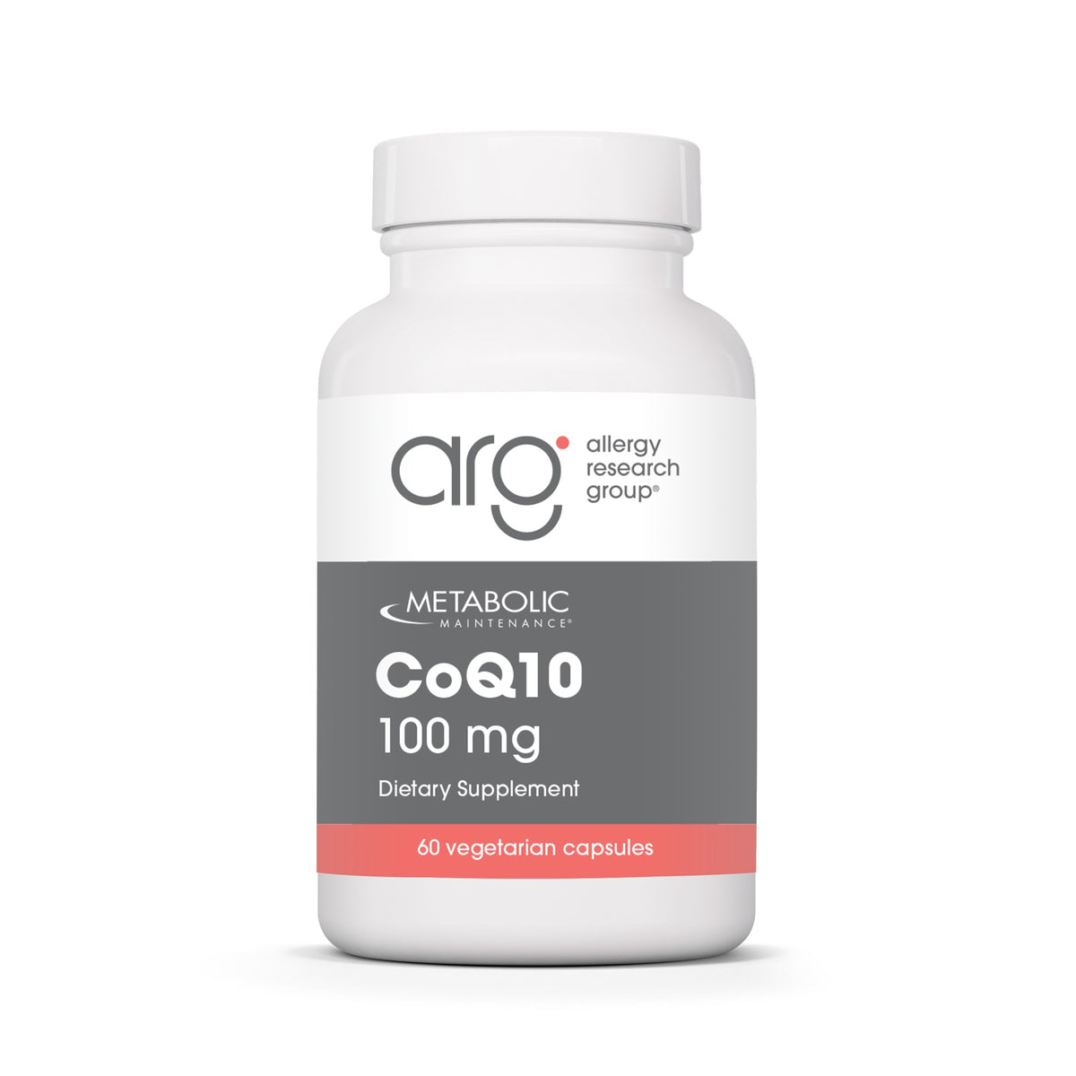 Metabolic Maintenance CoQ10 100 mg 60 vegetarian capsules, white bottle with gray and coral Allergy Research Group label