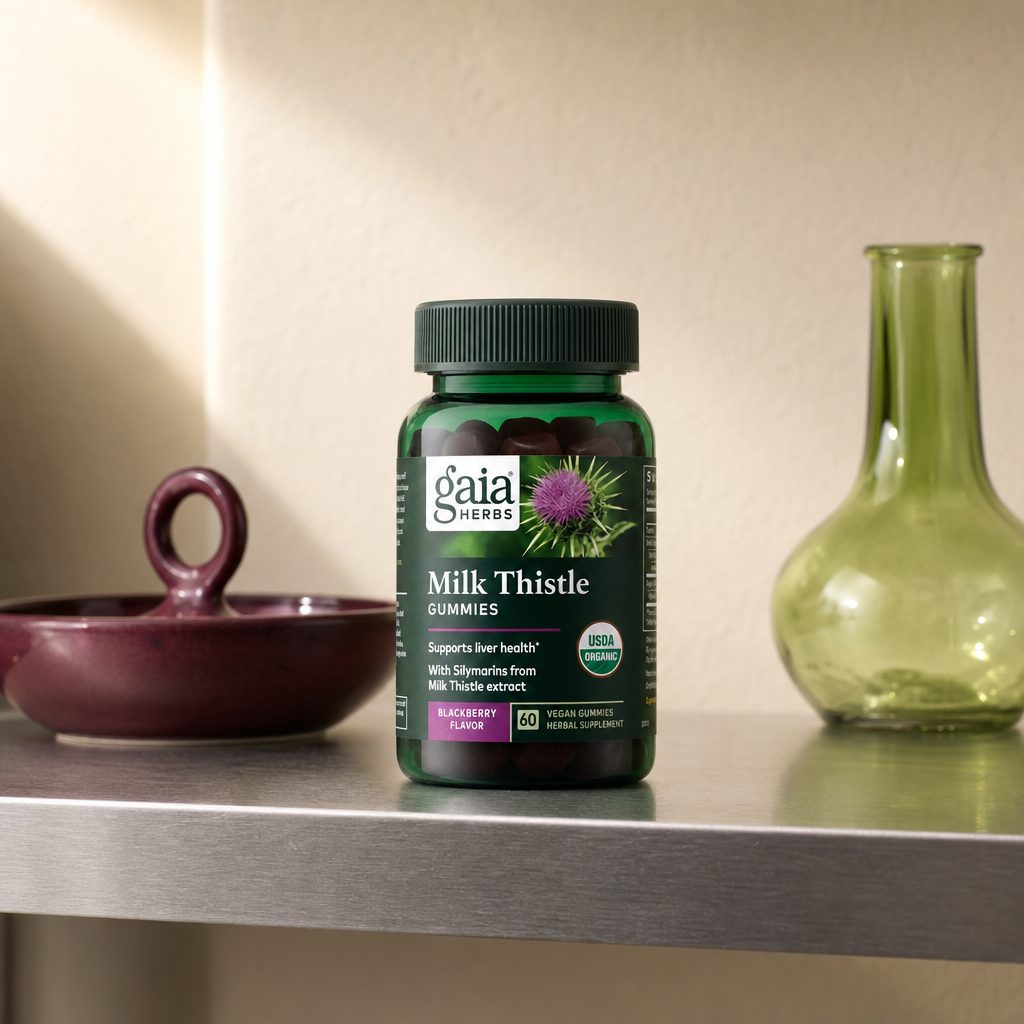 Gaia Herbs Milk Thistle Gummies bottle arranged with lemon-flavored gummies