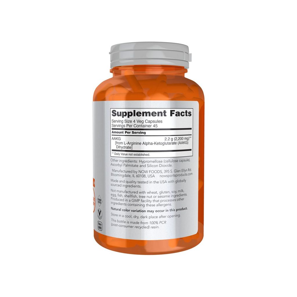 NOW Sports AAKG 2200 bottle back label showing the Supplement Facts panel and other ingredients