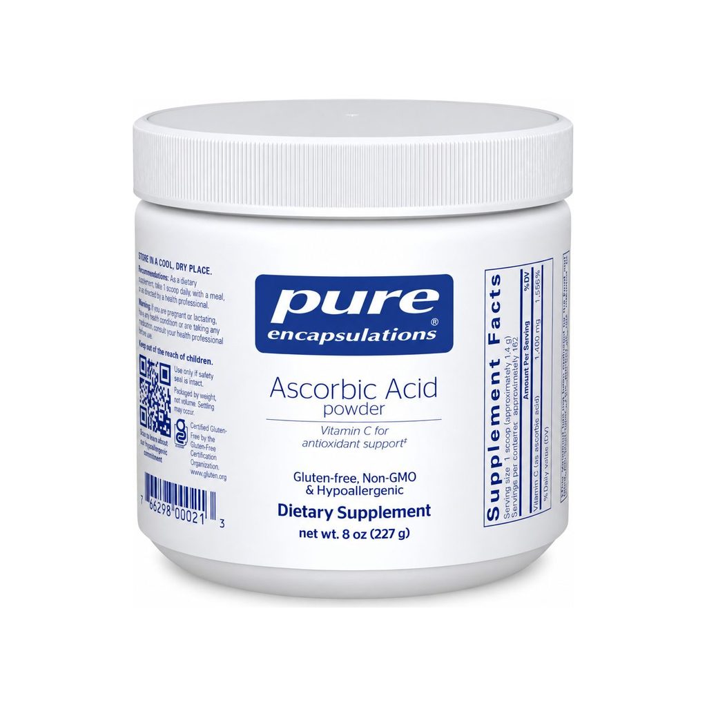 Pure Encapsulations Ascorbic Acid Powder 8 oz container front label with supplement facts on the side