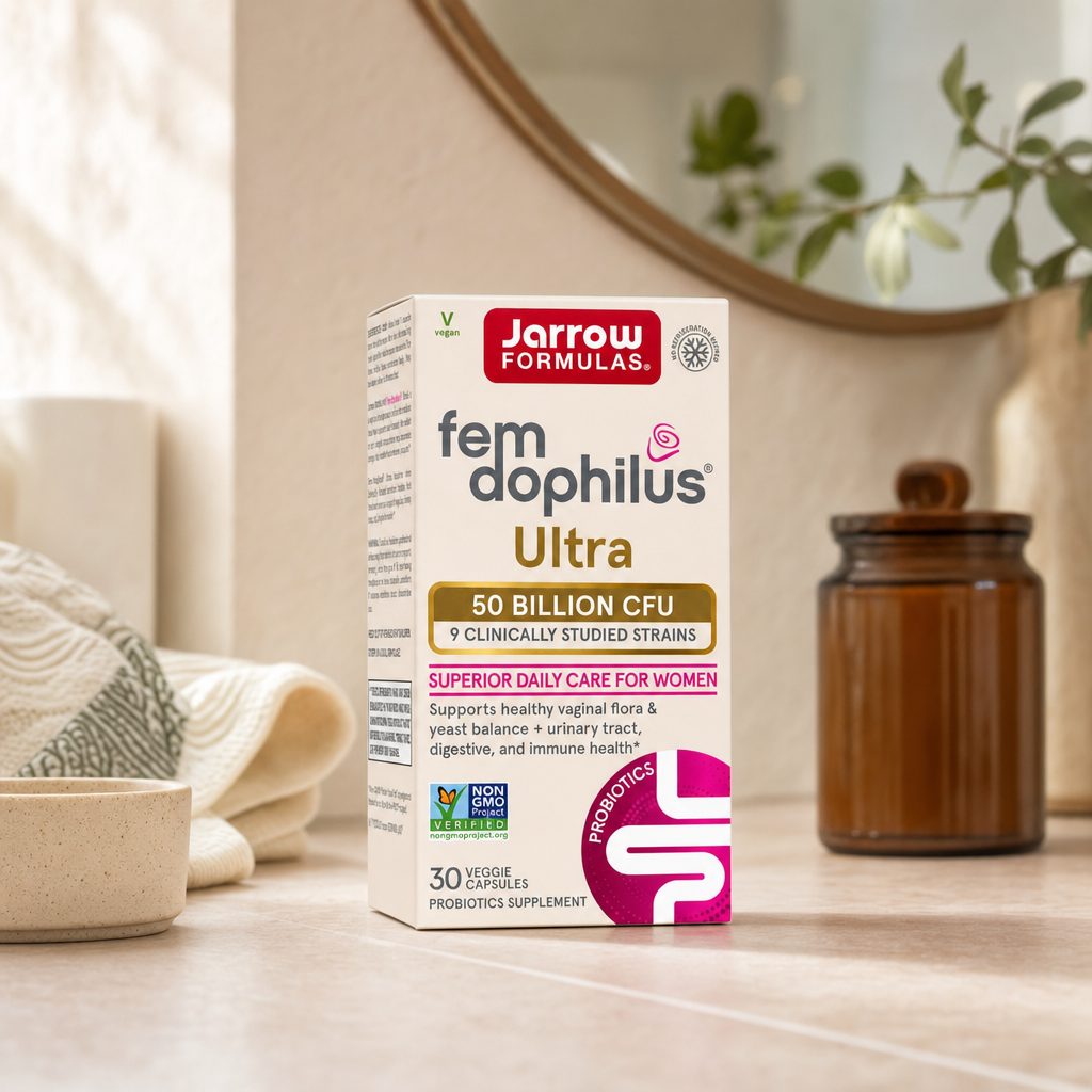 Jarrow Formulas Fem-Dophilus Ultra 50 Billion CFU bottle and box on white background