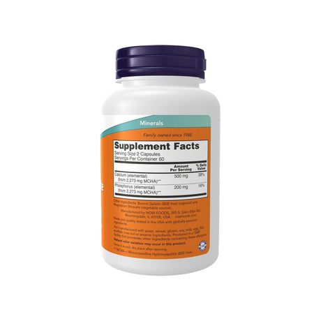 NOW Foods Calcium Hydroxyapatite supplement facts panel listing ingredients, dosage, and serving size