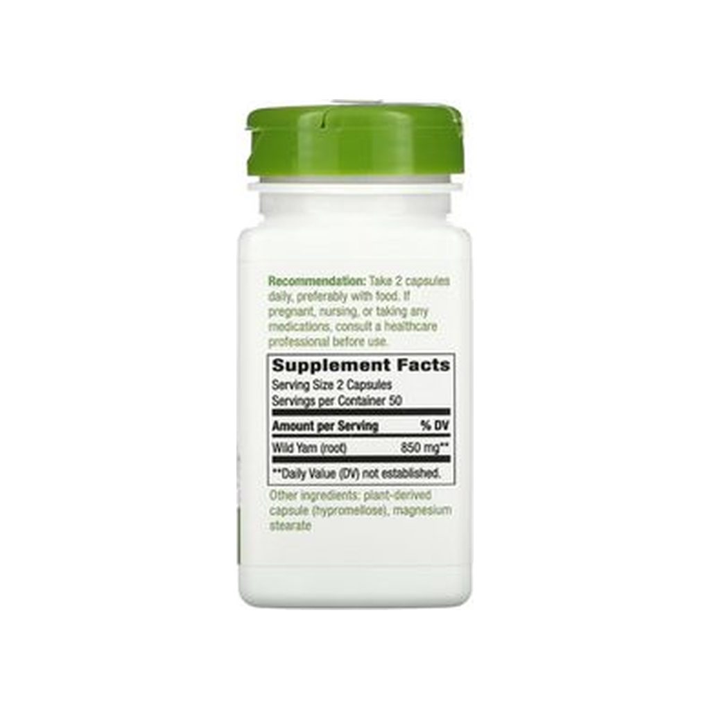 Nature's Way Wild Yam Root 425 mg supplement facts panel listing dosage, ingredients, and serving size