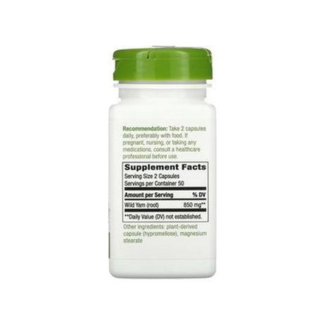 Nature's Way Wild Yam Root 425 mg supplement facts panel listing dosage, ingredients, and serving size