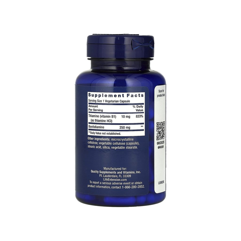 Life Extension Mega Benfotiamine supplement facts panel listing ingredients, dosage, and serving size