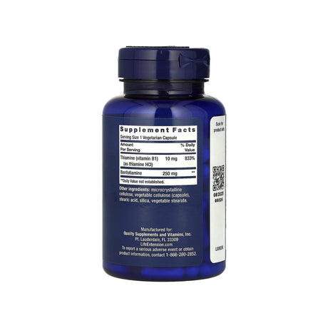 Life Extension Mega Benfotiamine supplement facts panel listing ingredients, dosage, and serving size