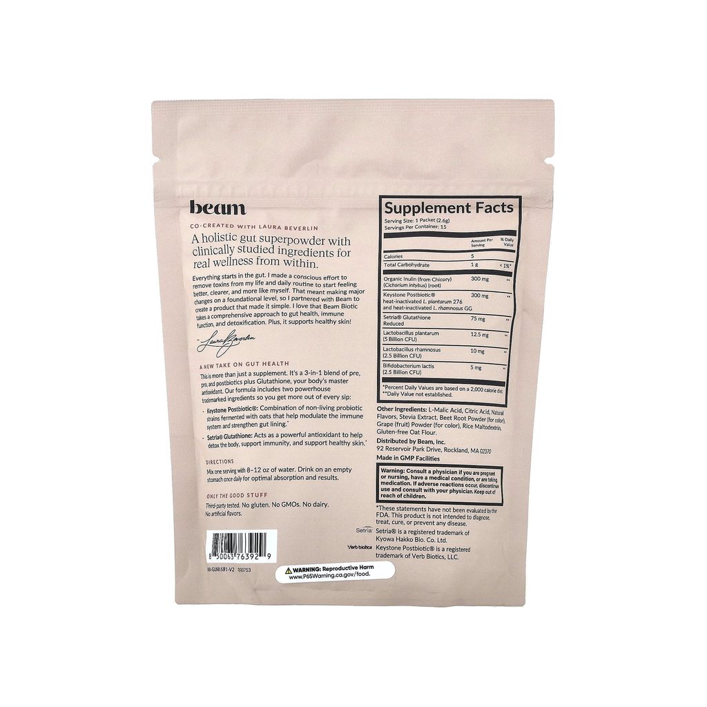 Beam Biotic Mixed Berry supplement facts panel listing ingredients, dosage, and serving size