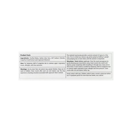 Xlear Max Saline Nasal Spray with Capsicum label panel listing ingredients, dosage, and warnings