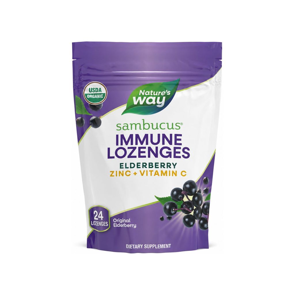 Nature's Way Sambucus Immune Lozenges 24 count front label with elderberry, zinc, and vitamin C