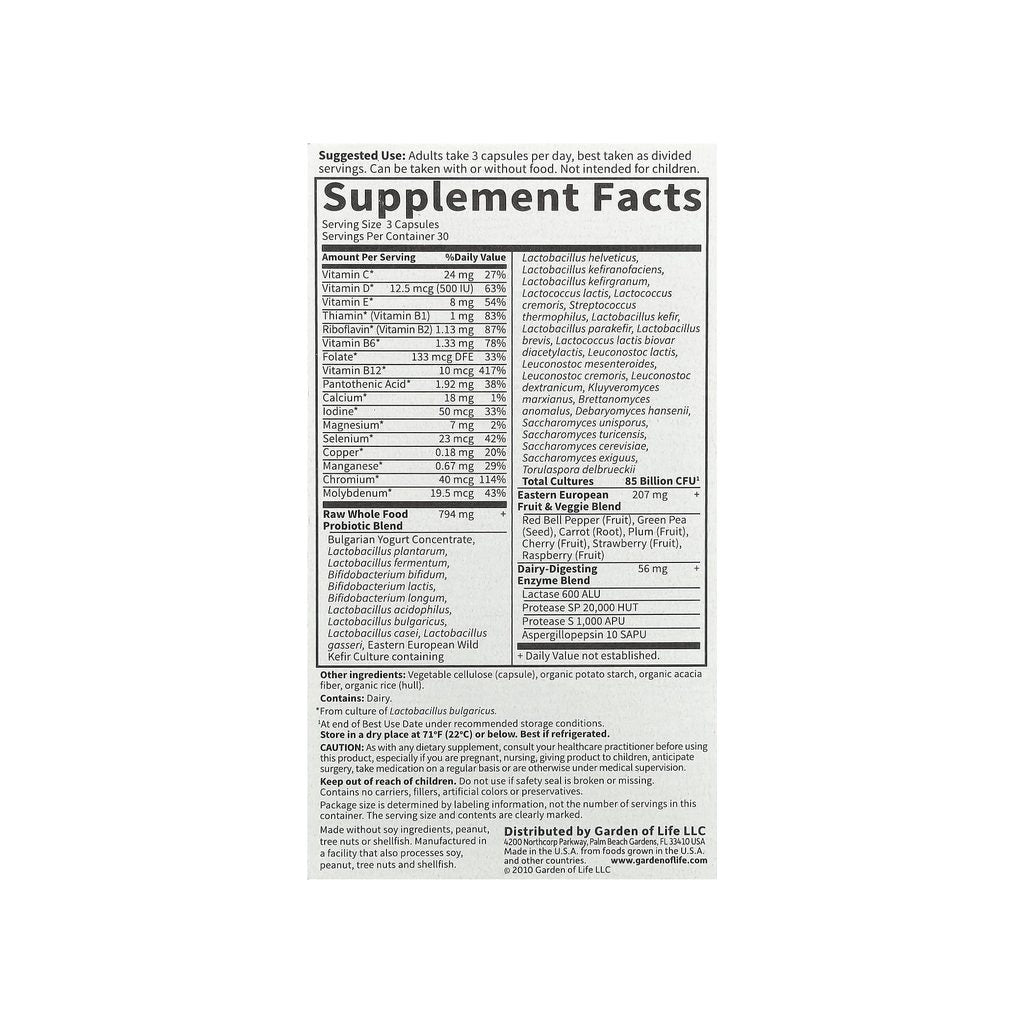 Garden of Life RAW Probiotics Men supplement facts panel listing ingredients, dosage, and serving size