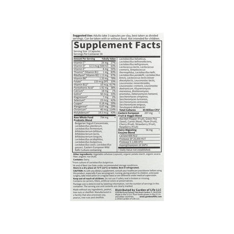 Garden of Life RAW Probiotics Men supplement facts panel listing ingredients, dosage, and serving size