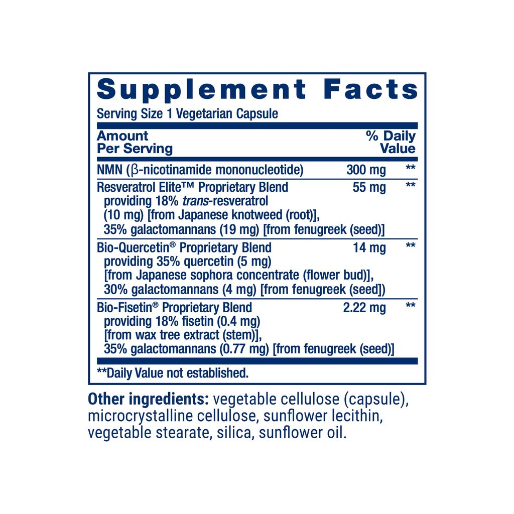 Life Extension Optimized NAD+ NMN with Resveratrol Elite supplement facts panel with ingredients and serving size