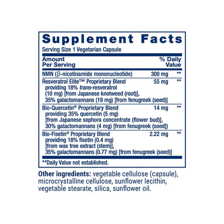 Life Extension Optimized NAD+ NMN with Resveratrol Elite supplement facts panel with ingredients and serving size